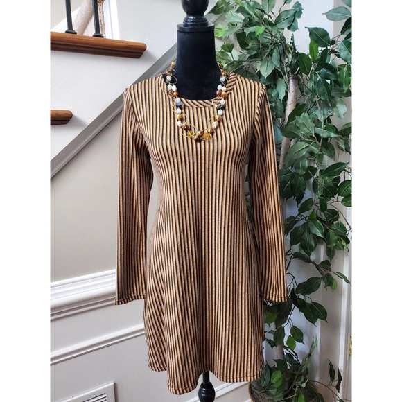 Pinc Women's Brown & Black Polyester Round Neck Long Sleeve Knee Length Dress L - Picture 11 of 11